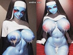 2girls ai_generated andre_vas blue_hair blue_nipples blue_skin breasts cum cum_on_breasts demon_girl evil evil_grin evil_smile fanfiction grin huge_breasts huge_nipples navel nun oc pink_nipples red_eyes sitting smile spirit standing succubus tagme thighs