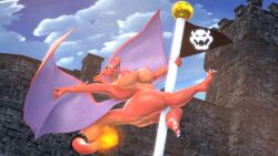 3d_(artwork) accessory anthro barely_visible_genitalia barely_visible_pussy big_breasts breasts charizard claws dancing digital_media_(artwork) dragon female flag flagpole furgonomics generation_1_pokemon genitals huge_breasts jewelry mario_(series) membrane_(anatomy) membranous_wings nintendo nipples pokemon pokemon_(species) pole pole_between_legs pole_dancing pose pussy ring scalie smile solo source_filmmaker super_mario_bros. tail tail_accessory tail_jewelry tail_ring thick_thighs tigura tongue wings