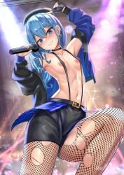 1girls barely_visible_nipples belly_button belt beret blue_eyes blue_hair blush female fingerless_gloves fishnets flat_chest highres hololive hoshimachi_suisei jagoo_(artist) light-skinned_female microphone ripped_fishnets shorts solo stage star_earrings suspenders virtual_youtuber