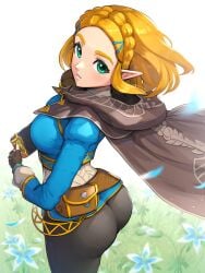 1girls ass back_view big_ass blonde_hair cape clothes flower gonzarez green_eyes hi_res looking_at_viewer looking_back nintendo pants pointy_ears princess_zelda short_hair solo tears_of_the_kingdom the_legend_of_zelda tight_pants zelda_(tears_of_the_kingdom)