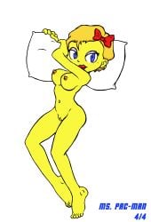 (original_artist_tbd) beauty_mark bow clitoris cute ms._pac-man naked nipples pac-man_(series) pillow pussy sallyx short_hair smooth_pussy transparent_background video_games