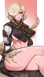 1girls abs au_ra blonde_hair final_fantasy_xiv purple_eyes sfw solo tagme thick_thighs ttmizu1 underboob