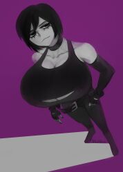 1girls :< big_breasts black_hair breasts breasts_bigger_than_head eyelashes eyeliner female goth goth_girl large_breasts light-skinned_female light_skin looking_at_viewer looking_up original original_character short_hair smug smug_face smug_grin solo solo_female staring staring_at_viewer tank_top tequila_(void_aloe) tight_fit void_aloe