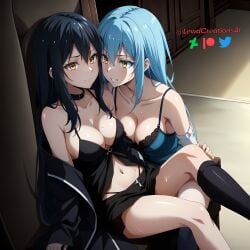 2girls ai_generated aqua_hair big_breasts black_hair blue_hair choker cleavage dark_blue_hair female female_only golden_eyes izawa_shizue lewdcreationsai lingerie long_hair multiple_girls navel pale-skinned_female petite rimuru_tempest skinny teenager that_time_i_got_reincarnated_as_a_slime thighhighs yellow_eyes yuri