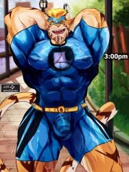 2023 abs absurd_res anthro barazoku beard belt big_pecs blonde_hair blue_clothing bulge chastity_cage chastity_device closed_eyes clothed clothing colored day digital_media_(artwork) facial_hair felid front_view fully_clothed fur genitals hair hands_behind_head hi_res male mammal mask muscular muscular_male nipples orange_body orange_fur pantherine park pecs penis public signature smile solo solo_male spandex standing stripes super-nova tail thick_thighs tiger tight_clothing translucent translucent_clothing vince_(super-nova) white_body white_fur xviizentrix