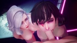 1boy 2girls 3d 3d_animation animated areolae black_hair blowjob blue_eyes breasts deepthroat elizabeth_blythe erection glasses huge_breasts large_areolae large_breasts large_penis lily_(subverse) long_penis looking_at_viewer masturbating masturbation mechanical_arm medium_hair nipples nude oral oral_sex penis pov prosthetic_arm red_eyes saliva scars sound subverse thick_penis thick_thighs thighs tongue vagina video white_hair