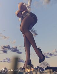 1girls 3d airplane areolae big_breasts bradengts breasts city destruction female female_only giantess huge_breasts light-skinned_female light_skin low-angle_view macro nier nier:_automata nipples office_lady pantyhose solo yorha_2b