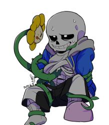 animated_skeleton basho_lizard clothed flower flowey_the_flower monster pixiv_id_7835302 plant sans sans_(undertale) sex skeleton sweat tentacle tentacles_under_clothes undead undertale undertale_(series) vines vines_tentacles white_background