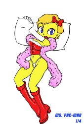 (original_artist_tbd) beauty_mark boots bow corset cute g-string ms._pac-man opera_gloves pac-man_(series) pillow sallyx sash short_hair transparent_background video_games