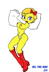 (original_artist_tbd) beauty_mark boots bow cute g-string ms._pac-man nipples opera_gloves pac-man_(series) pillow sallyx short_hair topless transparent_background video_games