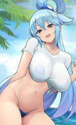 1girls aqua_(konosuba) big_breasts bikini bikini_bottom bikini_top blue_bikini blue_bikini_bottom blue_bikini_top blue_eyes blue_hair blush bottomwear breasts female female_only hair huge_breasts jampen kono_subarashii_sekai_ni_shukufuku_wo! long_hair looking_at_viewer shirt smile solo solo_female thighs topwear white_shirt