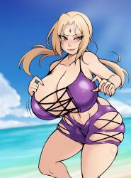 1girls beach big_breasts blonde_hair blush breasts brown_eyes cleavage daemonz female female_only forehead_jewel hair huge_breasts large_breasts lips mature mature_female mature_woman milf nail_polish nails naruto naruto_(series) purple_swimsuit smile solo solo_female swimsuit thighs tsunade