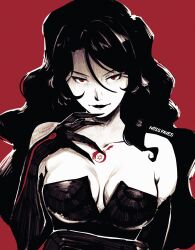 1girls big_breasts black_hair black_lipstick breasts cleavage clothed female female_only fullmetal_alchemist lipstick long_hair looking_at_viewer lust_(fullmetal_alchemist) missfaves pale_skin red_background red_eyes seductive_look simple_background solo