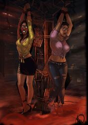 arms_above_head bare_midriff basement bondage cleavage dbd dead_by_daylight female femsub ganassa glasses hair_bun huge_breasts jane_romero large_breasts multiple_girls multiple_subs nipples_visible_through_clothing peril thigh_slit tied_up tight_clothing zarina_kassir