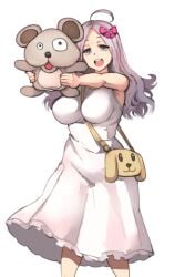 1girls 2018 ahoge bag bare_arms bare_shoulders between_breasts blue_eyes bow breasts clothing dress fanny_pack female female_only frilled_dress frills hair_ornament highres holding_stuffed_animal holding_stuffed_toy large_breasts long_hair looking_at_viewer open_mouth original pepe_(jonasan) pink_daughter_(pepe_(jonasan)) pink_hair ribbon simple_background sleeveless sleeveless_dress smile solo standing strap_between_breasts stuffed_animal stuffed_toy teeth tight_clothing tongue white_background white_dress