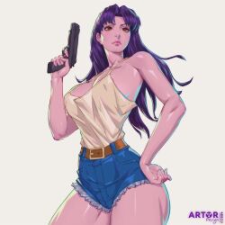 arttoru bare_arms bare_legs bare_shoulders belt blue_shorts breasts brown_belt brown_eyes closed_mouth collarbone curvy cutoffs denim denim_shorts eyebrows_hidden_by_hair female floating_hair gun hair_blowing hand_on_own_hip hand_up handgun high_waisted_pants holding holding_gun holding_weapon large_breasts lips long_hair looking_at_viewer looking_up misato_katsuragi neck neon_genesis_evangelion parted_bangs pink_lips purple_hair red_eyes serious shiny_skin short_shorts shorts simple_background smile solo spaghetti_strap standing straight_hair tank_top thick_thighs thighs trigger_discipline weapon white_background white_tank_top wind wind_lift yellow_tank_top