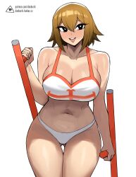 1girls breasts brown_eyes brown_hair donburikazoku elie female hi_res hips huge_breasts light-skinned_female light_skin panties rave_master short_hair simple_background smile tank_top thick_thighs thighs tonfa wide_hips