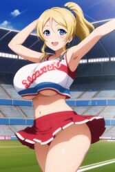 ai_generated ayase_eli blonde_hair blue_eyes blush cheerleader cheerleader_outfit cheerleader_uniform cowboy_shot crop_top dancing day female huge_breasts kurodex looking_at_viewer love_live! love_live!_school_idol_project open_mouth outdoors ponytail posing scrunchie smile solo stadium standing thick_legs wide_hips