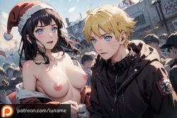 1boy ai_generated blue_hair breasts dark_blue_hair female hyuuga_hinata long_hair luname naked naruto naruto_(series) naruto_shippuden nipples nude public short_hair snow snowing uzumaki_naruto yellow_hair