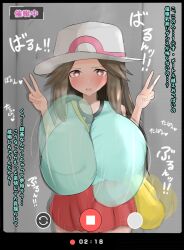 big_breasts bouncing_breasts breast_jiggle green_eyes heart-shaped_pupils huge_breasts japanese_text leaf_(pokemon) looking_at_viewer m_dairy mo_mo_nyguugyou peace_sign pokemon recording text translation_request