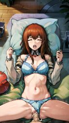 1boy 1girls ahe_gao ai_generated bra closed_eyes cum_in_pussy female human kokyu_ai makise_kurisu male missionary missionary_position moaning open_mouth panties pillow_grab sex steins;gate steins;gate_0