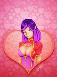 1girls big_breasts cleavage clothed corset dpannkaka dressed heart paladins pannkaka666 purple_eyes purple_hair sfw skye_(paladins) solo