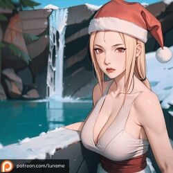 ai_generated animated animated animated breasts large_breasts luname markings naked naruto naruto_(series) naruto_shippuden nude outdoors santa_hat short_hair snow snowing tsunade water waterfall yellow_hair