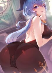 ass blush bodysuit breasts darklux female female_focus female_only ganyu_(genshin_impact) genshin_impact horn huge_ass large_breasts long_hair looking_at_viewer looking_back open_mouth shiny_clothes shiny_skin sideboob solo solo_female solo_focus