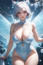 1girls ai_generated blue_eyes cameltoe cupcakeattack fairy fairy_wings female looking_at_viewer protruding_nipples slim_waist snow_fairy tight_clothing white_hair wide_hips