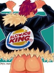 1boy bara barazoku blowjob_king bottomless brand_parody bubble_ass bubble_butt burger_king cute cute_bum gay jacket league_of_legends male male_focus male_only parody sett solo solo_focus solo_male yaoi yeyo