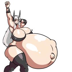 arknights big_breasts breasts female female_pred gray_hair grey_hair infernaabyss light-skinned_female light_skin mudrock_(arknights) navel oral_vore popped_navel red_eyes same_size_vore soft_vore squirming squirming_gut stretching stretching_arms struggling struggling_prey sweating sweaty sweaty_body thick_thighs thighs video_game_character vore vore_belly