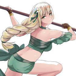 1girls alternate_costume ass bare_shoulders bikini black_gloves blonde_hair breasts butt_crack choker commentary_request crop_top female female female_only fingerless_gloves fire_emblem fire_emblem:_three_houses fire_emblem_heroes gloves green_bikini green_choker green_eyes green_ribbons green_shorts green_swimsuit hair_ribbon highres ingrid_brandl_galatea ingrid_brandl_galatea_(summer) large_breasts long_braid long_hair midriff nintendo off-shoulder_bikini off_shoulder official_alternate_costume ribbon sail_(sail-away) short_shorts short_sleeves shorts simple_background solo swimsuit thighs very_long_hair white_background