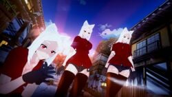 3d 3girls cerberus_(helltaker) demon demon_tail dog_ears female female_only helltaker kaoskatsu red_eyes tagme white_hair