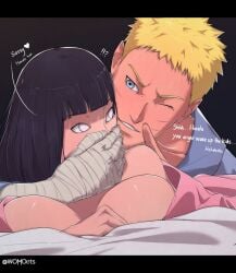 1boy 1girls bandaged_arm bandages big_breasts blue_eyes blunt_bangs blush bob_cut boruto:_naruto_next_generations breasts breasts_out busty canon_couple clothed_sex clothing couple covering_another's_mouth covering_mouth dialogue english_text female futon grey_eyes hand_on_mouth hand_over_another's_mouth hand_over_mouth husband_and_wife hyuuga_hinata implied_penetration implied_sex lying lying_on_person lying_on_stomach male married_couple milf mouth_gag naruto no_bra off_shoulder one_eye_closed oppai sex short_hair shushing sweat sweating talking talking_to_another text uzumaki_naruto womo_ots yukata