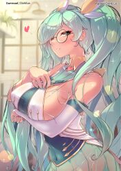 1girls big_breasts breasts darklux female female_focus female_only from_side grabbing_own_breast green_nails large_breasts league_of_legends long_hair looking_at_viewer nail_polish solo solo_female solo_focus sona_buvelle star_guardian_series star_guardian_sona