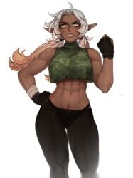 abs absurdres angry blonde_hair breasts clenched_hand clenched_teeth commentary dark-skinned_female dark_elf dark_skin elf english_commentary female female_pubic_hair fiship gradient_hair hand_on_own_hip hand_up happy_trail highres looking_at_viewer low_twintails matilda_fiship midriff multicolored_hair muscular muscular_female navel olivia_(matilda_fiship) original pointy_ears pubic_hair pubic_hair_peek simple_background solo teeth twintails v-shaped_eyebrows white_background white_hair wrist_wrap yellow_eyes