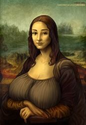 1girls abigail_shapiro alternate_breast_size big_breasts breasts_bigger_than_head busty clothed cosplay female female_only fine_art_parody human human_only jiragora looking_at_viewer mona_lisa portrait public_domain solo