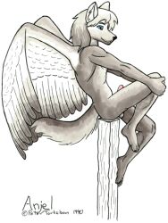 1990 1990s 1boy angel anthro blue_eyes erect_penis erection furry lupine male penis solo solo_focus solo_male testicles whitefire wings wolf