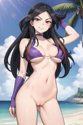 ai_generated beach bikini_top black_hair bottomless breasts civitai female long_hair lucy_(pokemon) nintendo pokemon smug solo tagme