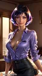 ai_generated breasts cleavage light-skinned_female namco office_lady open_clothes purple_hair reina_mishima skirt solo tam_south tekken tekken_8 tight_clothes two_tone_hair