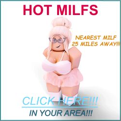 1girls 3d advertisement artist_request big_breasts blonde_hair breasts cleavage crop_top english_text female glasses looking_at_viewer milf roblox robloxian skirt smirking source_request tagme text thick_thighs thighs