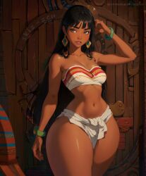 ai_generated aztec bandeau black_hair brown_eyes brown_skin chel chel_(the_road_to_el_dorado) dark_hair dark_skin dark_skinned_female dreamworks exotic female jewelry looking_at_viewer mesoamerican native_american patreon_username skirt skizzen solo tanned the_road_to_el_dorado thick_legs thick_thighs thin_waist tubetop wide_hips