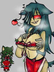 1boy1girl anglerfish anglerfish_humanoid big_breasts black_sclera christmas_outfit green_eyes green_hair grinning hearts hot_breath ken'o_(sonic.exe) looking_back nipple_bulge pink_nipples puke pussy_bulge red_sclera shocked sighing sonic.exe_(series) teal_hair tight_clothing white_eyes zetsubo_(sonic.exe)