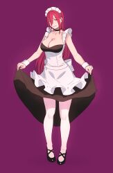 big_breasts collar high_heels maid maid_dress maid_headdress maid_outfit maid_uniform pantyhose red_eyes red_hair skirt skirt_up yuuji_(and)