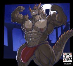 5_fingers abs anthro areola biceps biped bulge capcom countershade_face countershade_tail countershade_torso countershading dragon espinas fingers flexing flying_wyvern hi_res horn male masterelrest monster_hunter muscular muscular_anthro muscular_male nipples pecs qr_code scalie solo tail