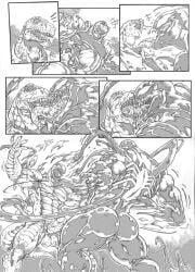 anthro assisted_exposure balls clothed_to_nude comic destroyed_clothing duo extreme_french_kiss french_kissing gay genitals groping_bulge hi_res humanoid kissing lizard lorkalt male male/male marvel monochrome penis reptile scalie symbiote tendrils the_lizard_(marvel) venom venom_(marvel)