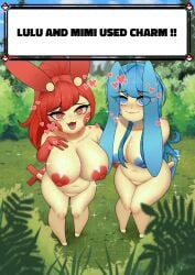 absurd_res areola barefoot big_breasts biped blue_hair blush breasts completely_nude completely_nude_female duo female female_only full_body fupa generation_3_pokemon hair heart hi_res minun naked naked_female navel nikowhith nintendo nipples nude nude_female open_mouth plusle pokemon pokemon_(species) red_hair smile text