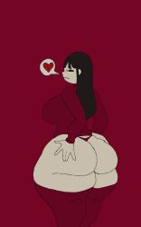 ass_focus big_breasts coryhen_(artist) emotionless female hand hand_on_butt hand_on_hip heart_emoji huge_ass long_hair long_sleeves looking_at_own_butt nose on_back original pale_skin red_outfit self_upload speech_bubble thick_thighs