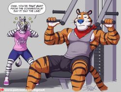 2d 2d_(artwork) 2d_artwork annoyed annoyed_expression annoyed_face anthro anthro_only bulge bulge_through_clothing chest_press excited frosted_flakes furry gym indoor_nudity indoors irritatable muscles muscular muscular_anthro rude sigma_x starry_eyes starstruck tiger tiger_ears tiger_humanoid tiger_print tiger_stripes tiger_tail tony_the_tiger working_out zebra_ears zebra_humanoid zebra_print zebra_stripes