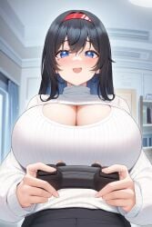 1girls big_breasts black_hair blue_eyes boob_window cleavage fang female female_only flesh_fang front_view fukuro_ko_(greentea) game_controller hi_res highres huge_breasts indoors kayoko_(fukuro_ko) large_breasts long_hair long_sleeves looking_at_viewer mole mole_under_eye original original_character seductive solo solo_female thick upper_body voluptuous